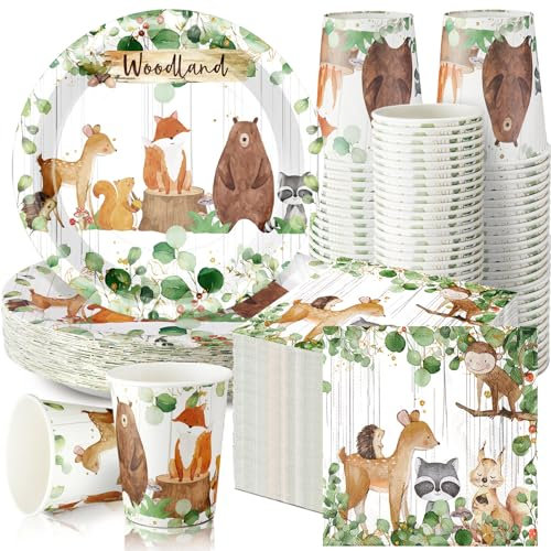 Hushee 200 Pcs Woodland Baby Shower Paper Plates Cups Napkins Woodland Animals Themed Gender Reveal Party Supplies Tableware Set Disposable Cup Napkin for 50 Guest Party Decoration