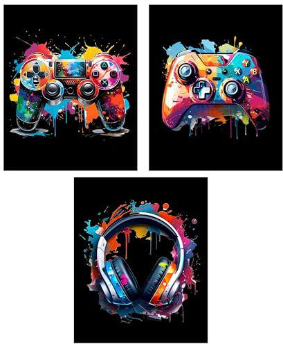EDUS Aquarell-Gaming-Poster, 3er-Set (20,3 x 25,4 cm), Raum-Wanddekorationen für Schlafzimmer, Spielzimmer-Dekor, Gamer, Jungen, Jugendzimmer, Wandkunst, Spielzimmer-Zubehör (ungerahmt)