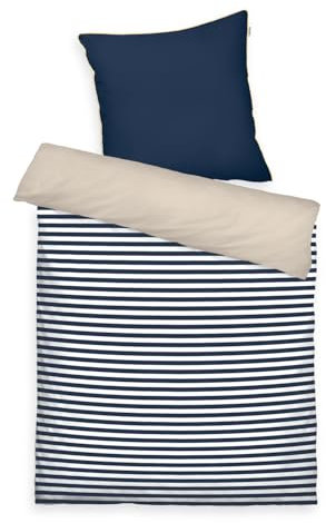 TOM TAILOR Perkal-Bettwäsche, 80x80 cm + 155x220 cm, Blau, Beige (Dark Navy & Sunny Sand)
