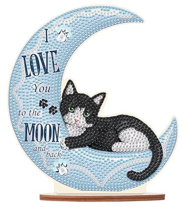 DCIDBEI Diamant Peinture Ornement Lune Chat 13x18 cm Diamond Painting Décoration de Table Artisanat pour Maison Perle Diamant a Coller Décoration de Table Peinture par Numéros Bonne nuit Ornements