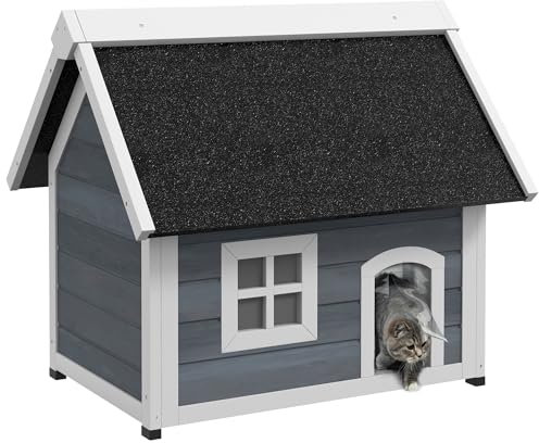 PawHut Maison pour Chat en Bois, Niche pour Chat, Porte à lamelles, fenêtre en plexiglas, Toit bitumé ouvrable et 3 Portes, Pieds en Plastique, 77 x 57,5 x 68 cm, Gris