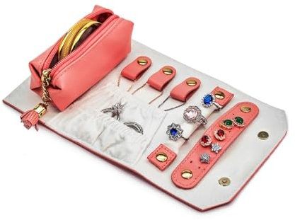 VKEID Reise Schmuck Organizer Rolle Faltbare Schmuckrolle aus Leder, verwicklungsfreie Schlitze for Halsketten, Ohrringe, Ringe, Brieftaschengröße for Schmuck und Accessoires(Red)