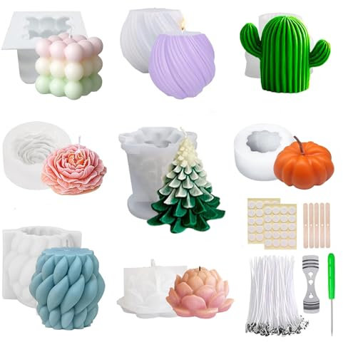 Vomkela 8 Stück Kerzenform Bubble Kerzen Kit, 3D DIY Silikonform Kerzen Gießen Formen Silikon mit 50 Kerzendocht Set, Kerzenformen zum Gießen für DIY Aromatherapie Kerzen,Heimdekorationen