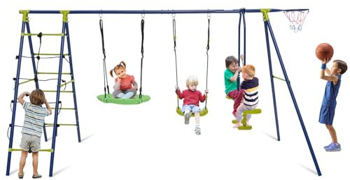 DREAMADE 6 en 1 Ensemble de Balançoire Enfant Exterieur 336x140x176CM,Portique Balançoire en Métal avec 2 Balancoire Réglable&Escalade&Face à Face,Aire de Jeu Enfants 3-12Ans Charge 250KG (Vert)