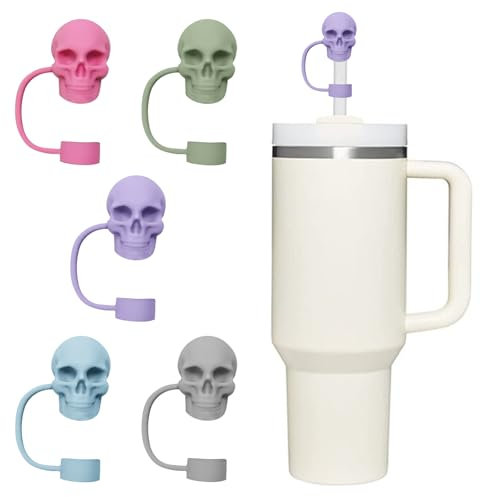 Set of 5 Skull Straw Covers for Stanley Cup, Silicone Toppers fit 30/40oz Tumbler with Handle, 10mm Protectors for 0.4in Straws - Perfect Stanley Cup Accessories!