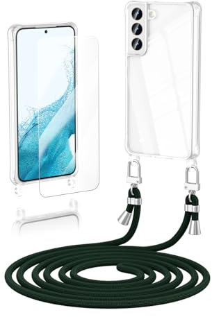 Anshow Verbesserte Handykette für Samsung Galaxy S21 FE mit Band + 1 Schutzfolie, Necklace Stoßfest Handyhülle Samsung Galaxy S21 FE Case Transparent Schutzhülle zum Umhängeband Abnehmbar, Dunkelgrün