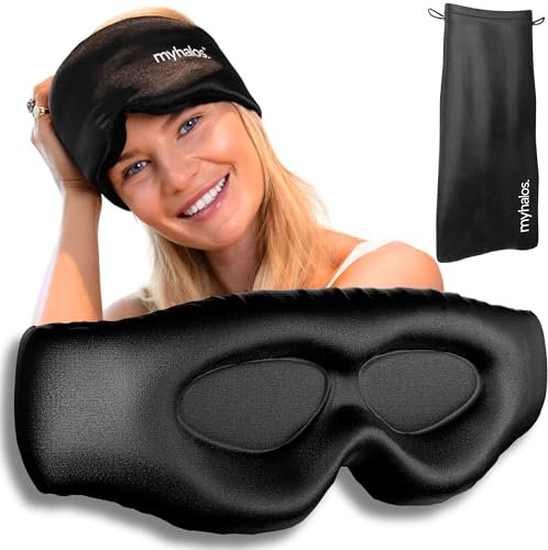 MyHalos Masque de sommeil 3D en soie avec bonnets pour les yeux – Masque de sommeil occultant pour homme et femme – Masques pour les yeux pour dormir n'importe où – Masque de sommeil en soie de mûrier