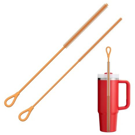 YOTIME Silicone Straw Cleaner Brush, 2Pcs Reusable Straw Brush Extra Long for Cleaning Tumbler with Handle and Glass Metal Smoothie Straws, Non-slip Handle Soft and Bendable, 6mm+9mm, Orange
