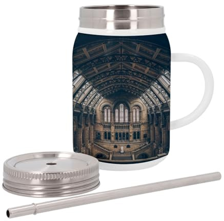 Insulated Stainless Steel Mug with Lid and Straw - Natural History Museum of London England Monument - 500ml - Thermo Mug