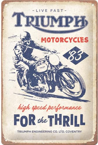 Nostalgic-Art Retro Blechschild, 20 x 30 cm, Triumph – For the Thrill – Geschenk-Idee für Biker, Original Lizenzprodukt (OLP), aus Metall, Vintage Design, Blechschilder Sprüche