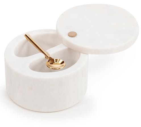 EHC Salt & Pepper Holder, Spice & Herbs Container, Marble Pinch Pot with Swivel Magnetic Lid and Serving Spoon, Salt Celler for Dining Table, Spice Storage Bowl with Compartment, Spice Bath, White