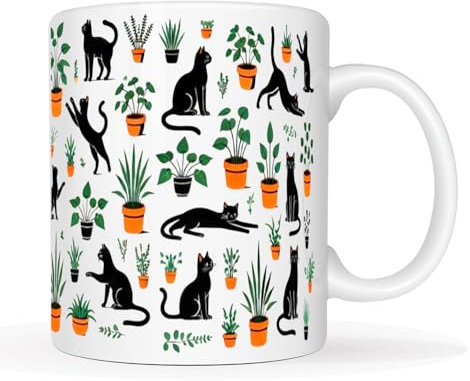 This Charming Black Cats & Plants Coffee Mug 11 Oz - Cute Design for Cat Lovers and Plant Enthusiasts, Owners-Botanical Cup