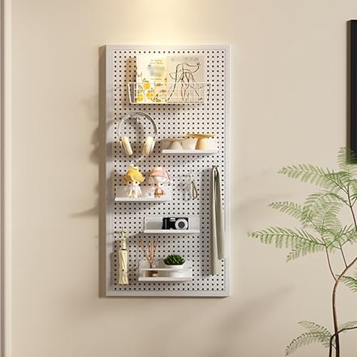 Lochwand, Lochplatte Schreibtisch, Stecktafel Wand Organizer, Metall-Pegboard-Wand-Organizer mit Haken, Wand-Aufbewahrungssystem für Werkstatt-Werkbank(White,100 * 50cm)
