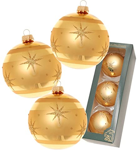 Krebs Glas Lauscha Weihnachtsdekoration/Christbaumschmuck aus Glas - Weihnachtskugeln - Motiv: Gold mit Komet - 3 Stück - Größe: ca. 8 cm