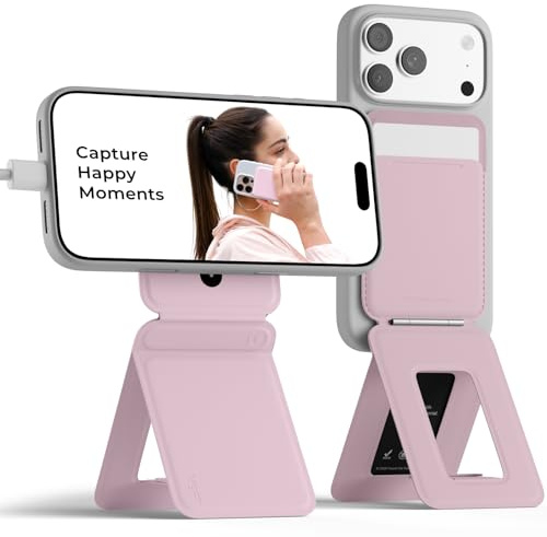 MOFT Handy Stativ für Smartphone, [Ultra Dünn & Tragbar] Faltebar MOVAS Veganes Leder Stativ für Magsafe, 3-in-1 Handy Ständer mit Magnetische Kartenhalter, Mini Selfie Stick, Blush Pink