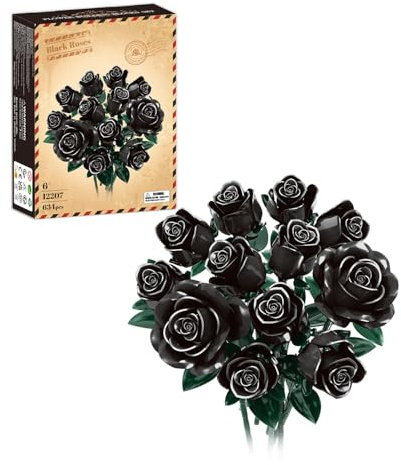 Rongmeiz Flowers Bouquet Building Set, 12 Artificial Black Roses Botanical Collection Building Block Educational Toys Gift for Girls Kids Women Valentines Mothers Day Halloween, 634 PCS