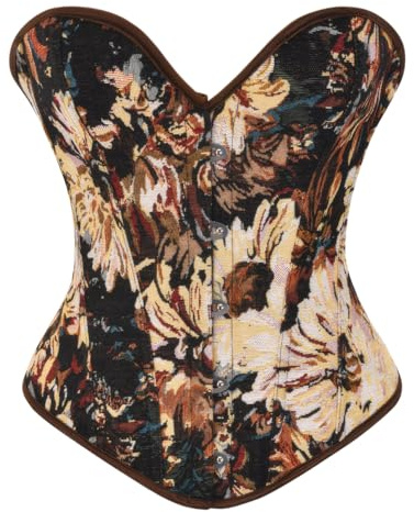 Kelvry Women's Brown Basque Shapewear Lingerie Renaissance Floral Print Bodyshaper Overbust Corset Top