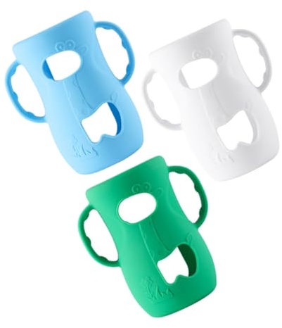 TOYANDONA 3pcs Silicone Bottle Covers and Handles for Baby Glass Bottles Large Size Anti-Breakage Protection Infant Feeding in Blue White and Green