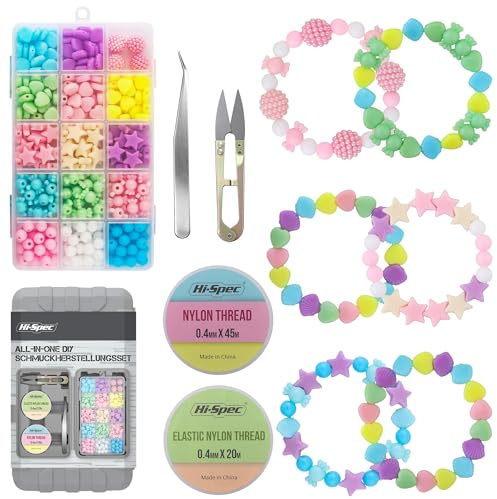 Hi-Spec Schmuck-Bastelset mit Perlen, Pinzette, Schere und Nylongarn | 280-tlg., bunte Perlen in verschiedenen Formen, Fädelmaterial 65 m, Aufbewahrungskoffer, für kreative Bastelprojekte