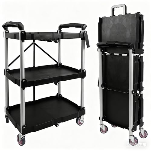 Servierwagen mit Rollen, Klappbar, 62 x 40 x 84cm, Bis zu 75 kg Belastbar | Dreistufiges Faltregal mit 3 Etagen, Küchenwagen Rollwagen aus Metall für Küche, Büro, Werkstatt, Mobiler Einsatzwagen