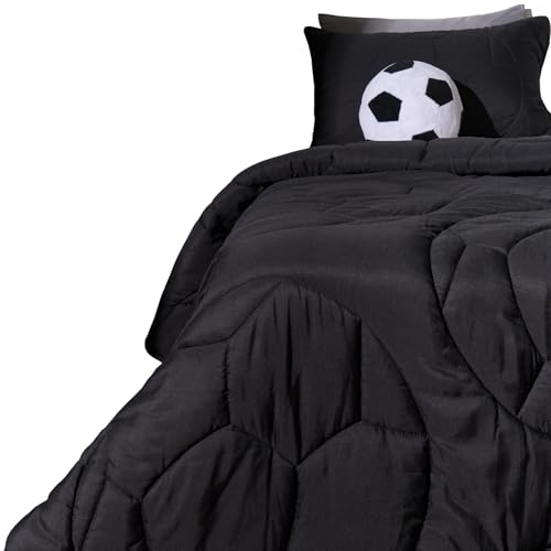 OHS Double Duvet 7.5 Tog Coverless, Soft Warm Microfibre Football Quilted Comfortable Camping Summer Duvets Lightweight Washable Coverless Duvet Double with Pillowcase, Black