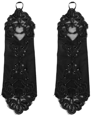 DUZEPA 1 Paar lange fingerlose Handschuhe für Blumenmädchen aus Satinspitze mit Pailletten und Perlen, Prinzessinnen-Kostüm für Hochzeit, Kommunion, Brautjungfern, Schwarz
