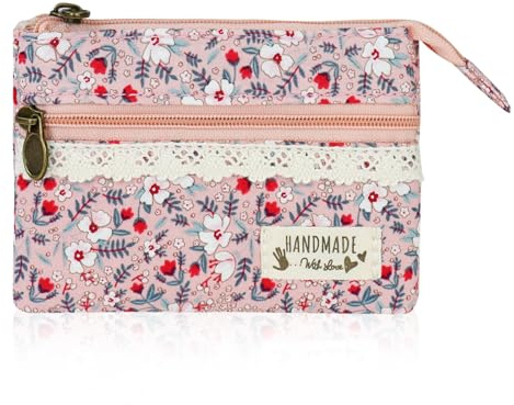 FuninCrea Petit Porte Monnaie Femme avec 2 Poches à Fermeture Éclair, Petit Portefeuille Femme avec Motif Floral Mini Porte Monnaie pour Ranger Cartes Pièces et Clés (Rose)