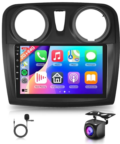 Rimoody 2G+64G Android Autoradio pour Renault Dacia Logan 2 Sandero B52 2012-2019, 9 Pouces écran Tactile avec Carplay sans Fil Android Auto GPS Mirror Link Bluetooth FM/RDS Radio WiFi Caméra Recul