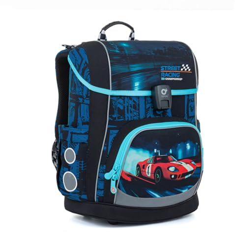 Schulranzen für Jungen ab 1. Klasse Kinder Schultasche Erstklässler Ergonomisch Schulrucksack für Erste Klasse Grundschule Ranzen Tornister mit Reflektoren 22L Stauraum Standfest Blau (Rennwagen)