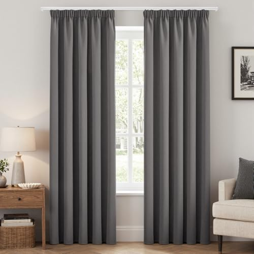 EMEMA Verdunklungsvorhänge mit Kräuselband 2er B140xH225cm Grau Gardinen | Blickdicht Vorhänge 225 cm Lang Thermovorhang 2er Set Verdunkelung für Schiene Gardinen für Wohnzimmer Schlafzimmer