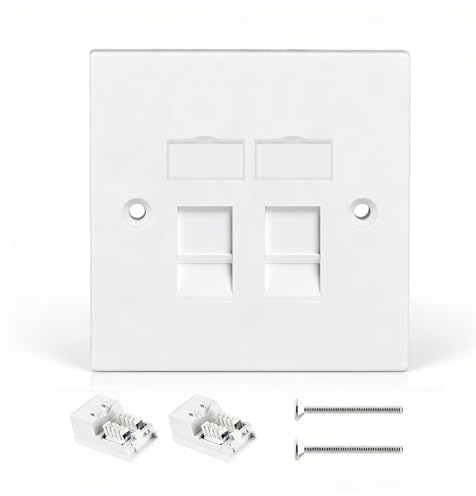 RJ45 Socket Cat6 Ethernet Wall Socket Double Port Faceplate Flat Wall Plate, Cat6 Port Ethernet Cable Networking Socket Box with Keystone Jack, Compatible with Cat5/Cat5e/Cat6 Cables, 1 Pack