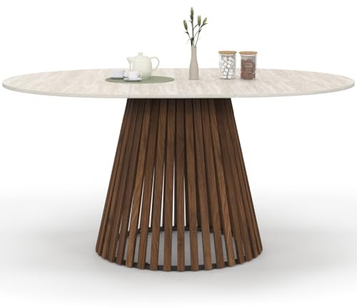 IDMarket - Esstisch, ausziehbar, rund, Carmen, 4-8 Personen, Fuß aus Nussbaum, Latten, Platte mit Travertin-Effekt, 110 – 150 cm