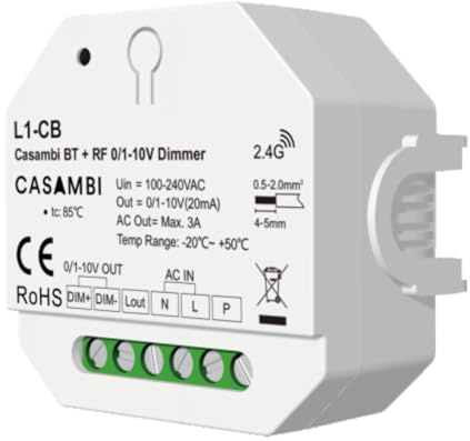 Casambi LED-Dimmer Bluetooth 0-10 V 1-10 V, RF 2,4 GHz und NO-Taste, Push Dim, integriertes AC-Relais 3 A, Eingang AC220 V, für LED-Treiber dimmbar 0/1-10 V, kompakt in Einbaubox oder Ableitung