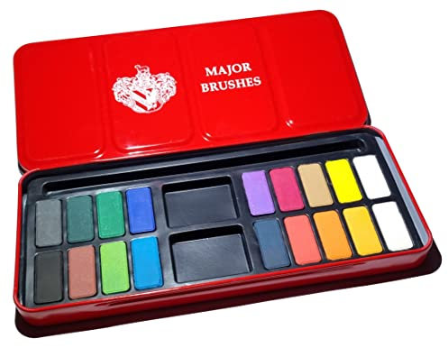 Major Brushes Artist Watercolour Paint Tin 18 Blocks Red Metal Lid