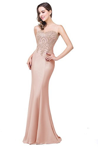 Babyonlinedress Sexy Elegant Robe de soirée Bal Cérémonie Forme Fourreau Longue au Sol sans traîne avec Dentelle Applique en Tulle Satin Blush 38