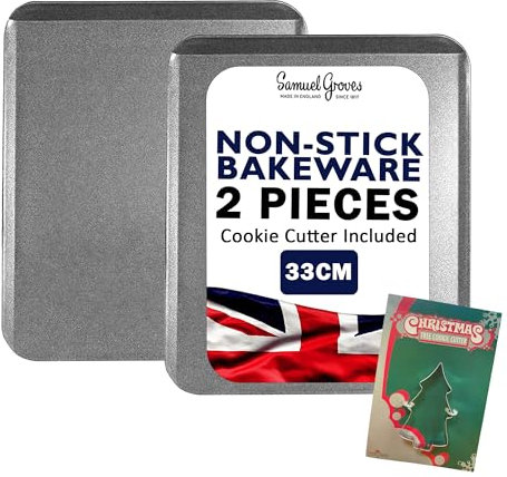 Samuel Groves 33cm Slide Off Baking Cookie Sheet Tray Pack of 2, Baking Sheet, Baking Tray, Roasting Tray, Bakeware, Biscuit/Ginger Bread Sheet Superior Double Coated Non Stick, Made in England