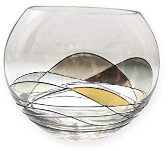 Quality GOLD Mosaic Rose Bowl Flower Vase - Mouth Blown/Hand Decorated Glass - Gold/Aqua - Ideal Anniversary Birthday Wedding Gift - 15cm