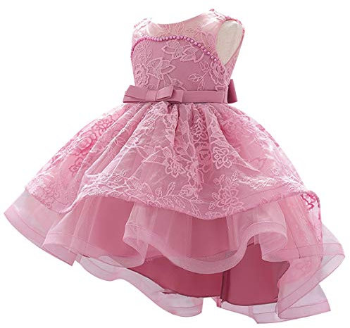 WOCINL Robe tutu en dentelle brodée pour bébé fille avec nœud pour mariage, anniversaire, concours de beauté, baptême, # Rose poudré, 12 mois