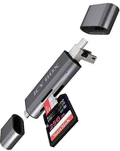 ICY BOX 60787 SD Card Reader with USB 3.0 for SD and Micro SD, 3 USB Connectors (USB-C, USB-A, Micro-USB), OTG, Aluminium, Anthracite,