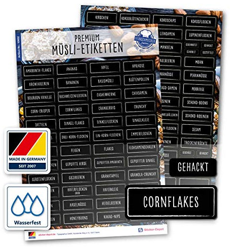 105 Müsli Aufkleber - eckig - schwarz/weiß - Haushaltsetiketten zum Beschriften von Vorratsdosen, Vorratsgläser, Dosen und Schütten