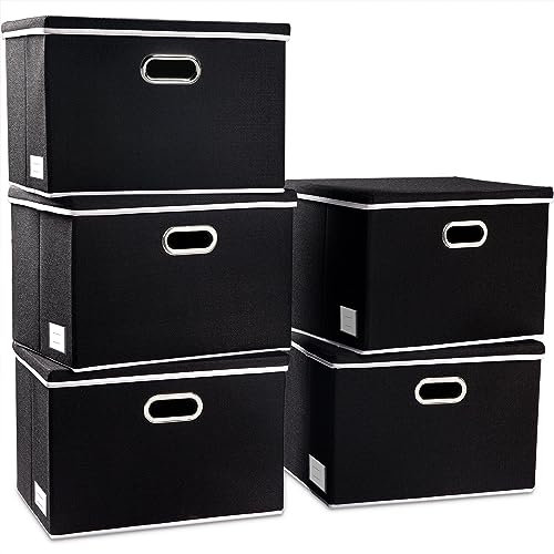 PRANDOM Aufbewahrungsbox mit Deckel Groß,Faltbarer Leinen Stoff Aufbewahrungsboxen, Aufbewahrungskorb mit Griff,Dekorative Stapelboxen,Organizer Container,Schwarz[5-stück] 43x30x30cm