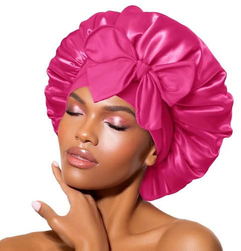 BONNET QUEEN Silk Bonnet for Sleeping for Curly Hair, Satin Bonnet Hair Wrap for Women & Men, Adjustable Silk Scarf Night Cap with Tie Band, Hot Pink