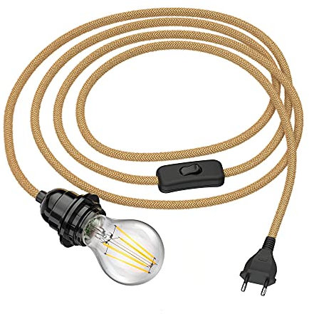 ledscom.de Hanfkabel LEKA mit Stecker, Schalter und E27 Fassung, 3 m + LED Lampe max. 963lm, 3 Stufen, warmweiß