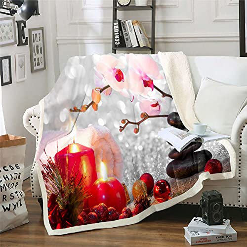 Spa Sherpa Blanket Kids Winter Christmas Themed with Pink Orchid Stone and Red Candles Fleece Throw Blanket White Black Pink Fuzzy Blanket for Sofa Bed,King 87x94 Inch