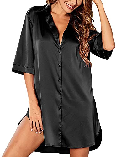 Women's Nightgown Nightwear Button Down Sleepshirt Satin 3/4 Sleeve Nightshirt Boyfriend Notch Collar Tops Shirts Dress Sleepwear (Black, Large)