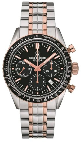 Revue Thommen Herren Armbanduhr Automatic Aviator 42 mm Chronograph, Tachymeter Armband Edelstahl 17000.6157