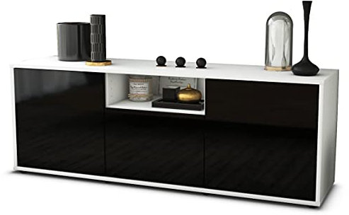 Stil.Zeit TV Schrank Lowboard, Akamu, Korpus Weiss matt, Front Hochglanz Design Schwarz, (135x49x35cm), Push to Open Technik & Leichtlaufschienen
