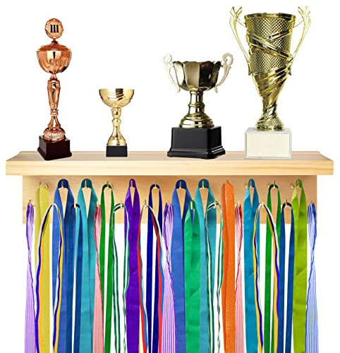 VASZOLA Medaillenhalter Display Trophy Shelf Organizer, Stabiler Medaillenhalter Ausstellungsständer aus Holz mit 25 Stahlhaken, Medaillenhalter zur Wandmontage
