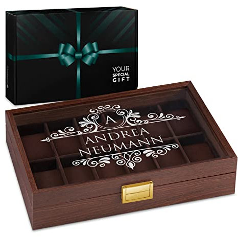 Maverton personalisierte Uhrenbox für 12 Uhren - aus Holz - 31x21x7,5cm - abschließbares Glasfenster - für Frauen - zum Geburtstag - zu Weihnachten - Farbe: Weinrot - Ornament