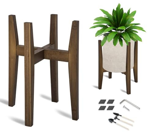 OERGKE Adjustable Plant Stand, Bamboo Mid Century Modern Indoor Plants Stands, Corner Flower Holder for Living Room, Fits 8 to 12 Inches Pots, (Pot & Plant Not Included)(Walnut, 1 Pack)